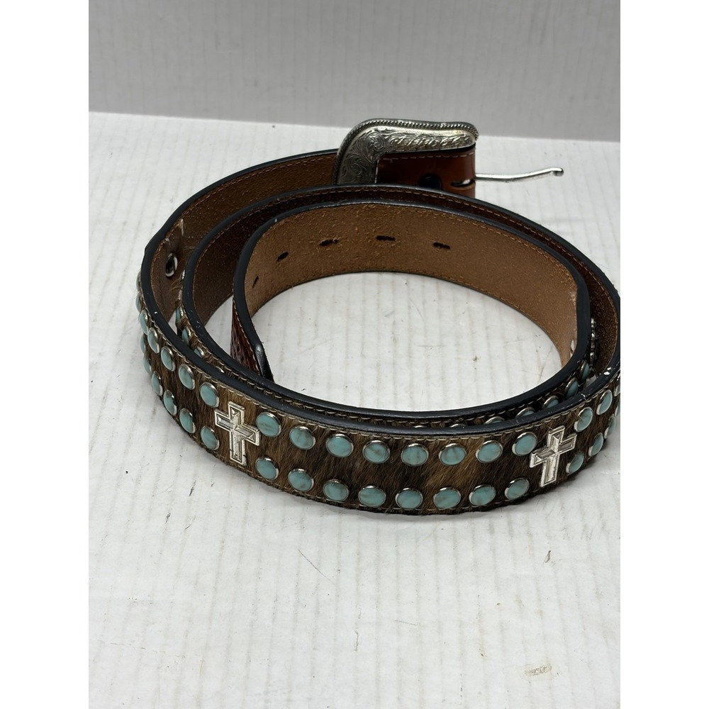 8893 Genuine Hand Tooled Leather 3D Cowhide Hair On Western Belt Size 44